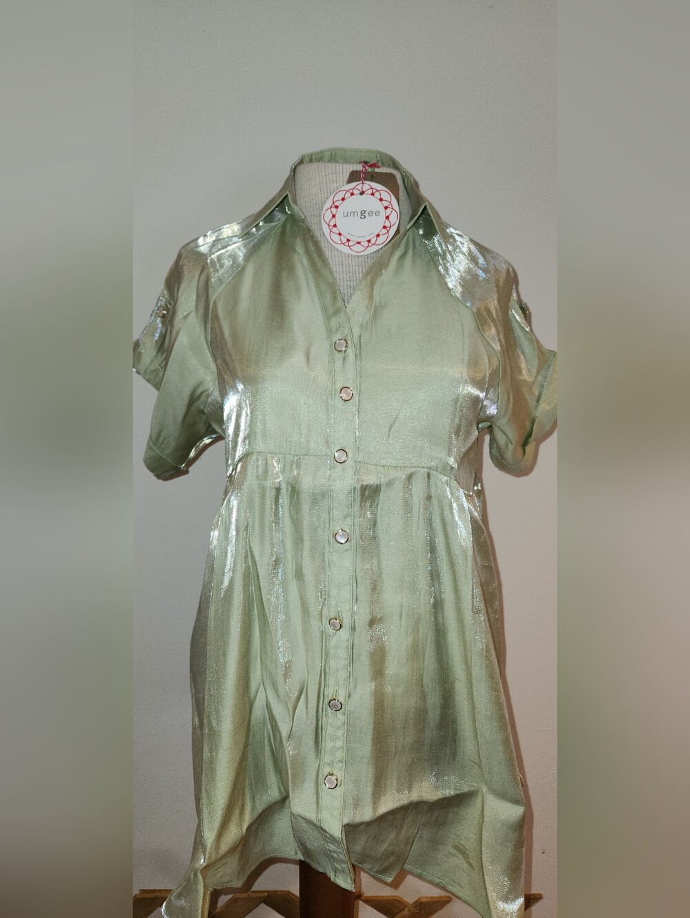 Umgee Shimmer Sage Green Button-Front Dress